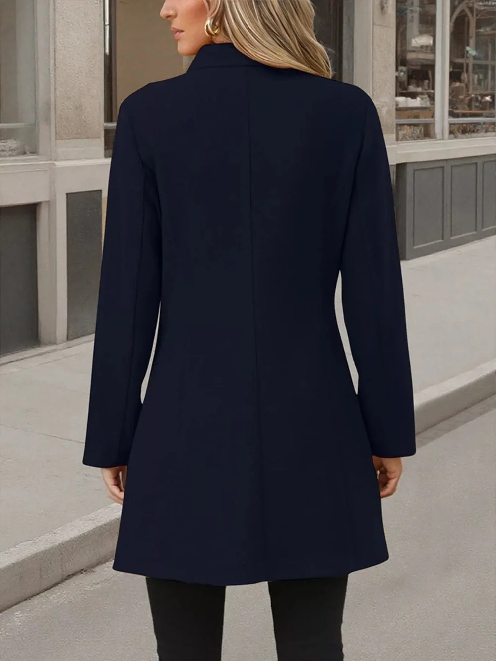 Button Up Long Sleeve Coat - Dark Blue, Large